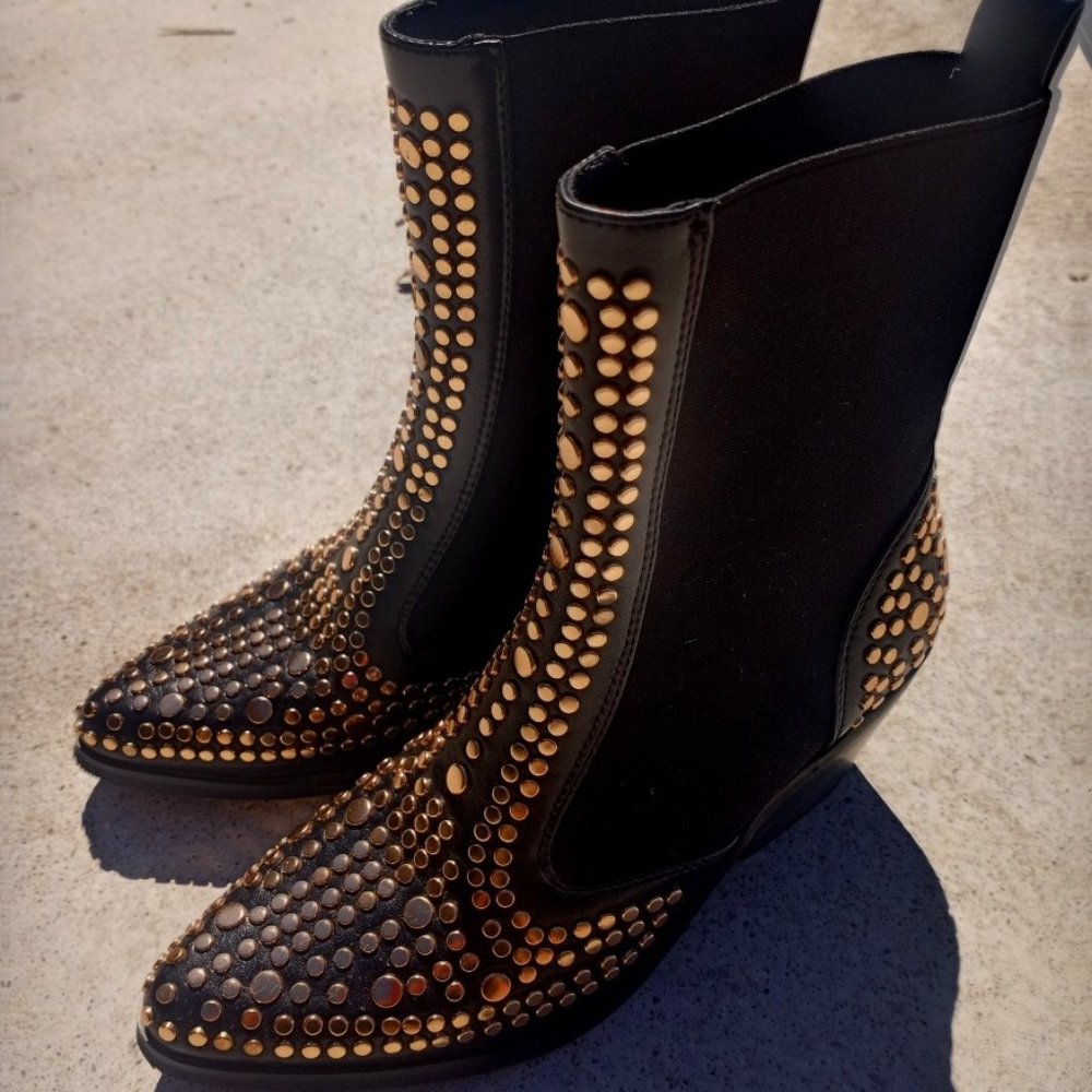 Studded Faux Leather Heeled Boots by Nasty Gal (Size 6)